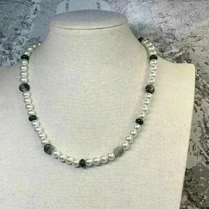 White Glass Pearl Necklace with Green Stones